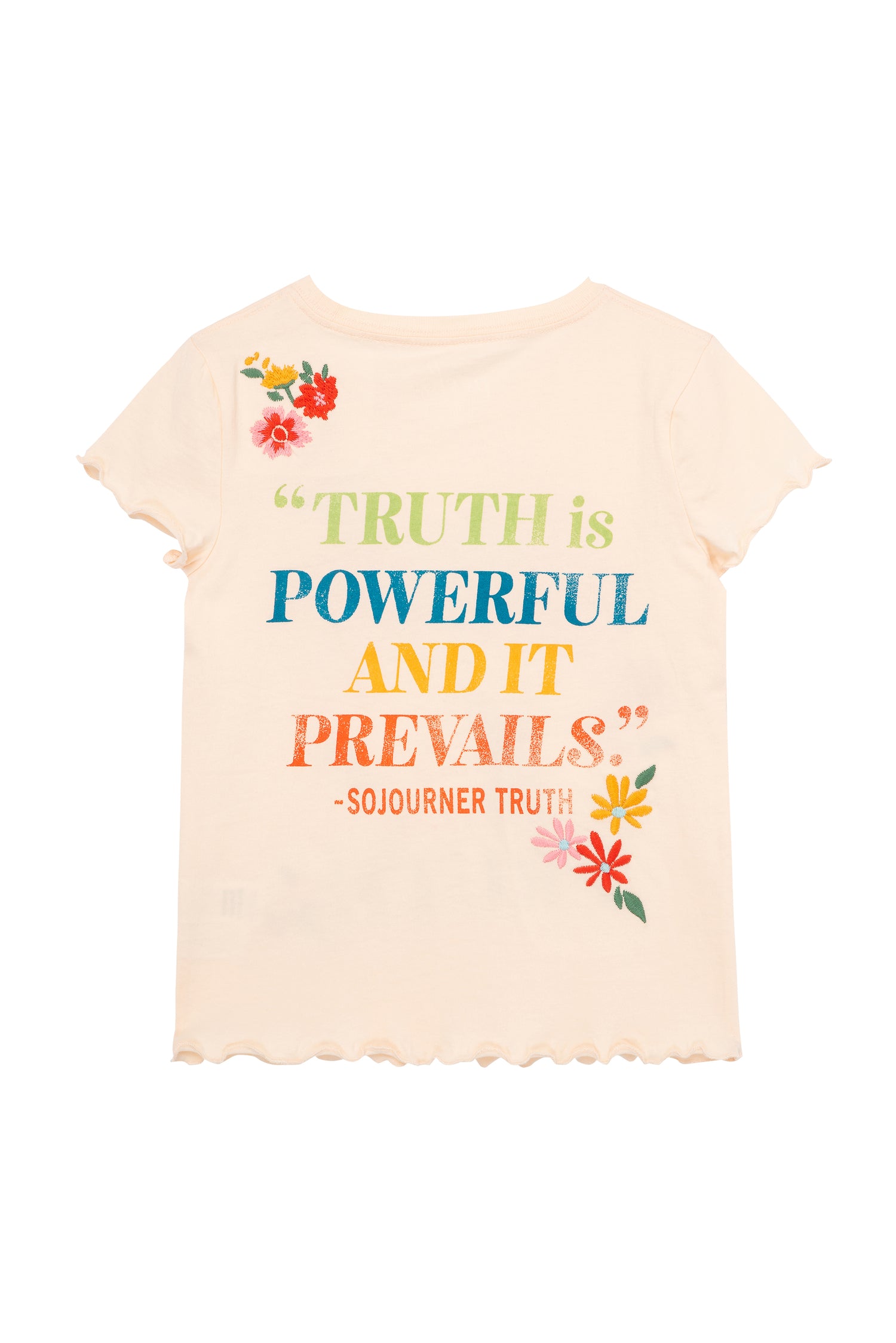 Back of light pink cut-off t-shirt with flowers and quote 'truth is powerful and it prevails'