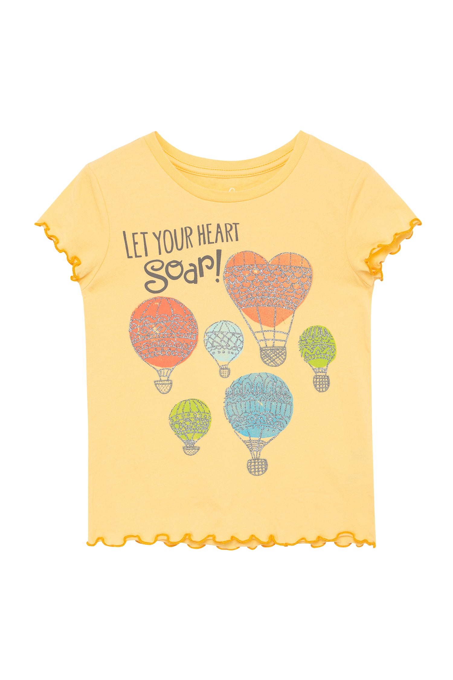 Front view of yellow shirt with hot air balloon image and "let your heart soar"