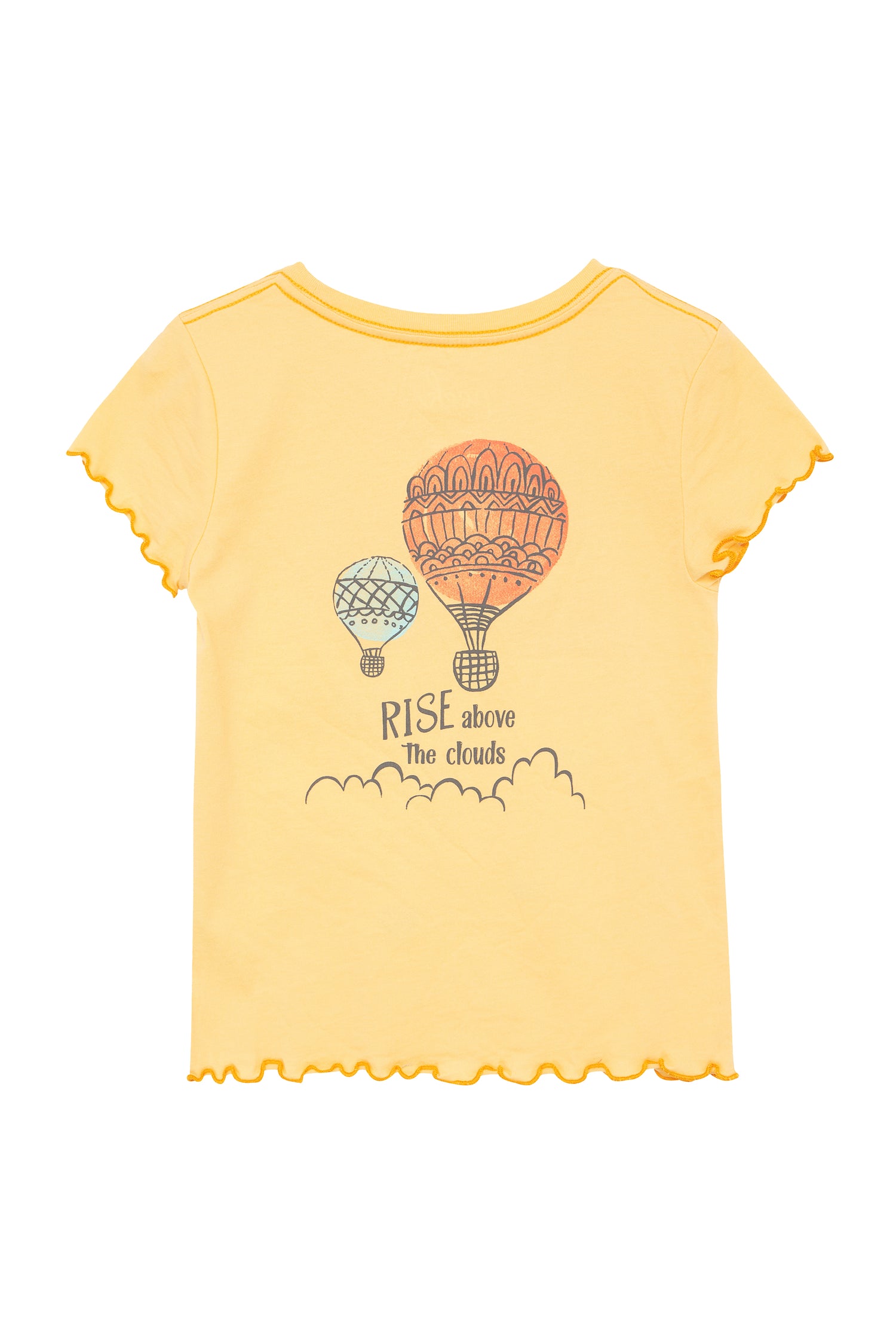 Back view of yellow shirt with hot air balloon image and "rise above the clouds" wording