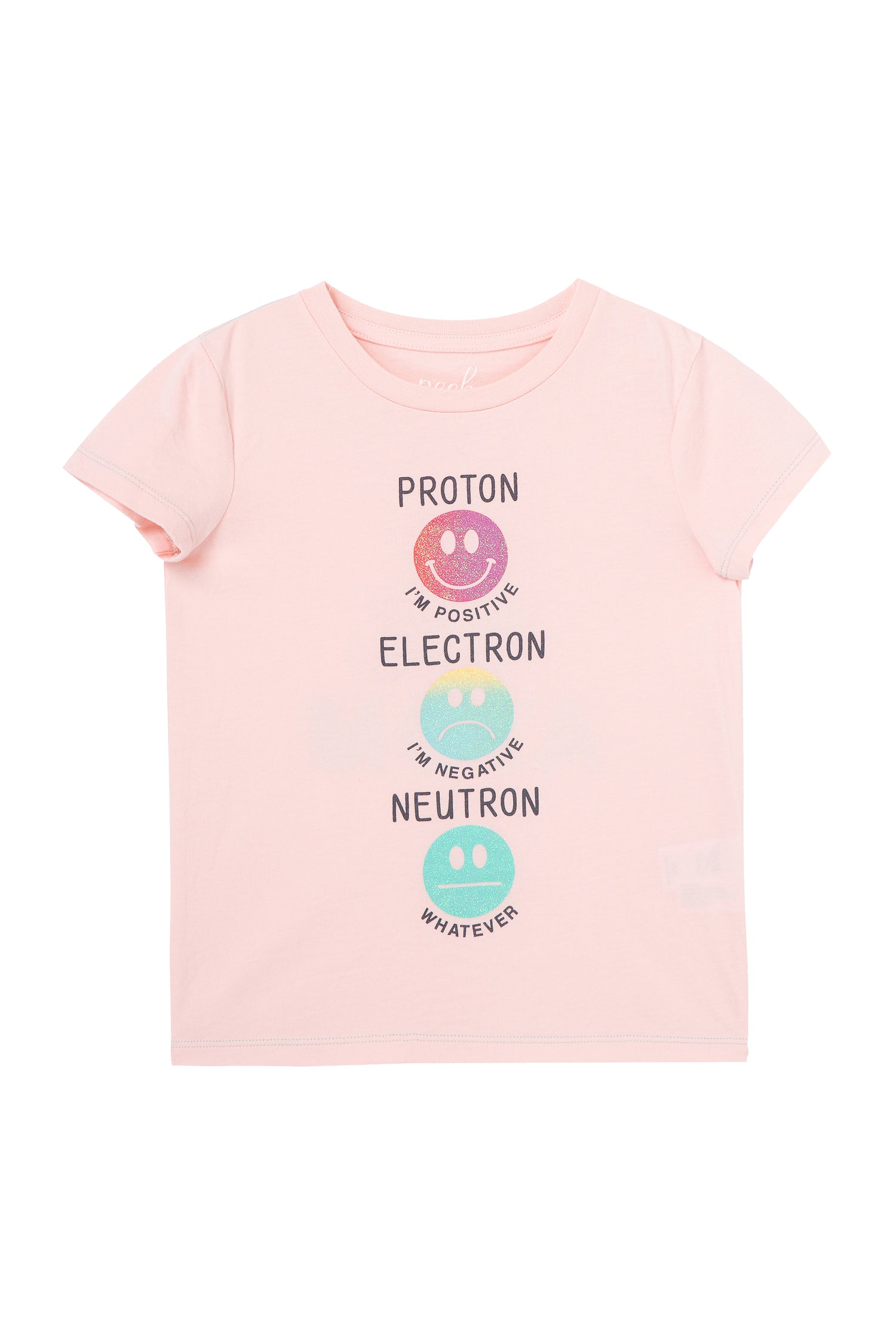 Front view of pink t-shirt with "Proton, electron, neutron" wording 