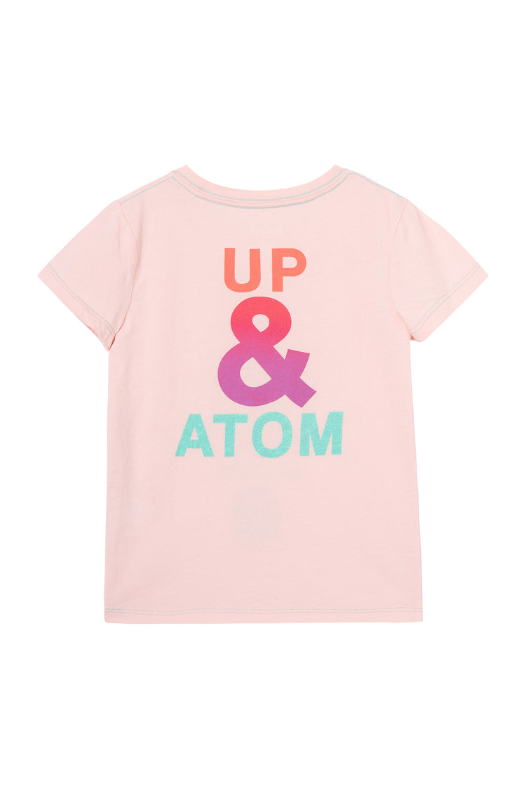 Back view of pink t-shirt with "Up & Atom" wording 