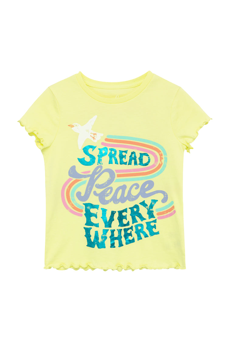 YELLOW T-SHIRT WITH THE WORDS "SPREAD PEACE EVERY WHERE"