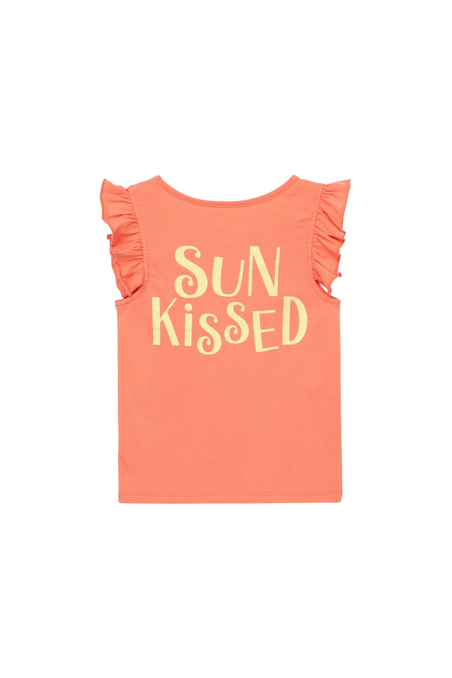BACK OF ORANGE T-SHIRT WITH "SUN KISSED"