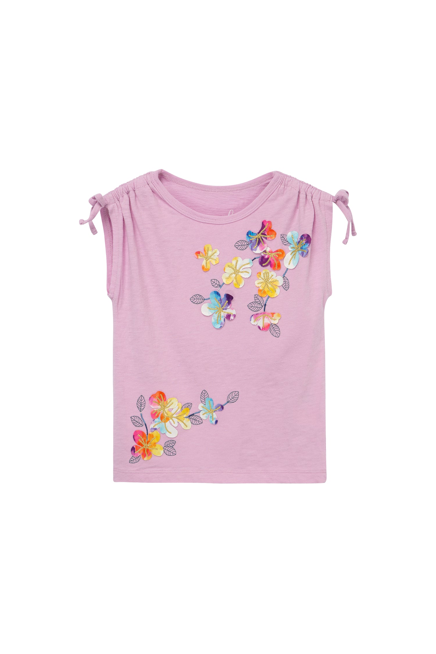 PINK SHORT-SLEEVE TOP WITH APPLIQUED FLOWERS