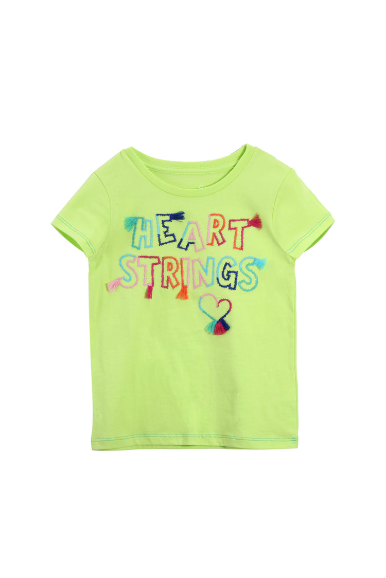 LIME T-SHIRT WITH "HEART STRINGS" EMBROIDERY