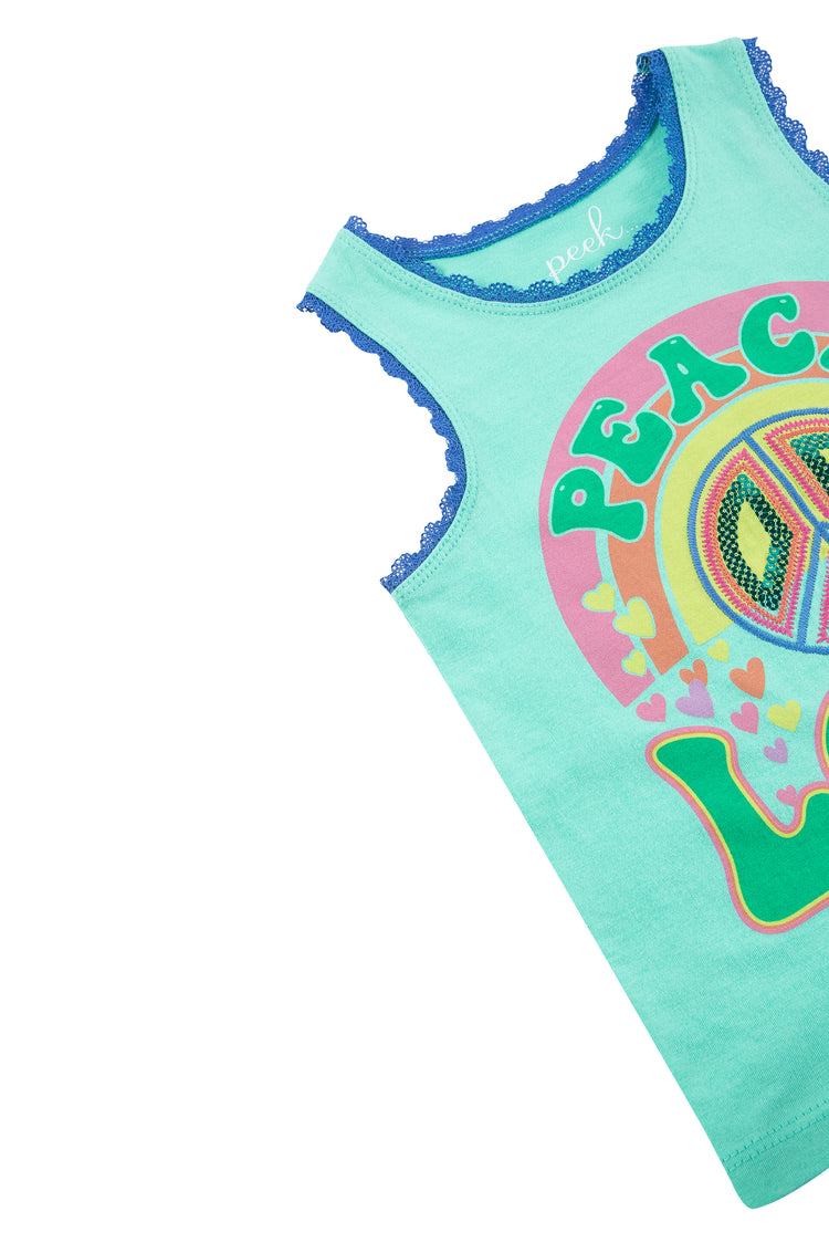 CLOSE UP OF PEACE AND LOVE CROCHET TRIM TANK