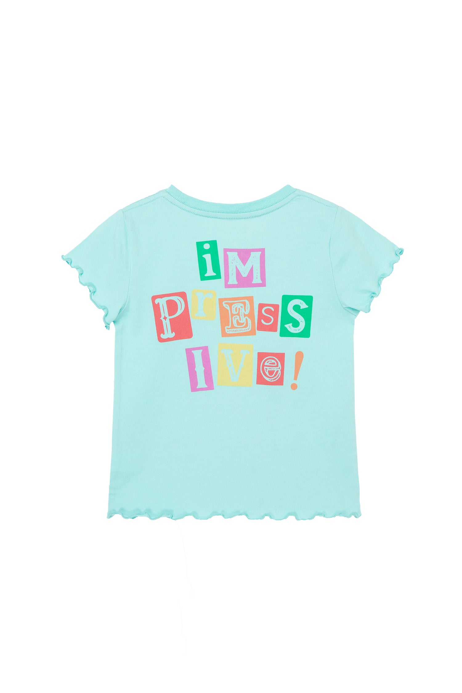 Aqua blue tee shirt with ruffled short sleeves, "impressive!" multicolored text on front