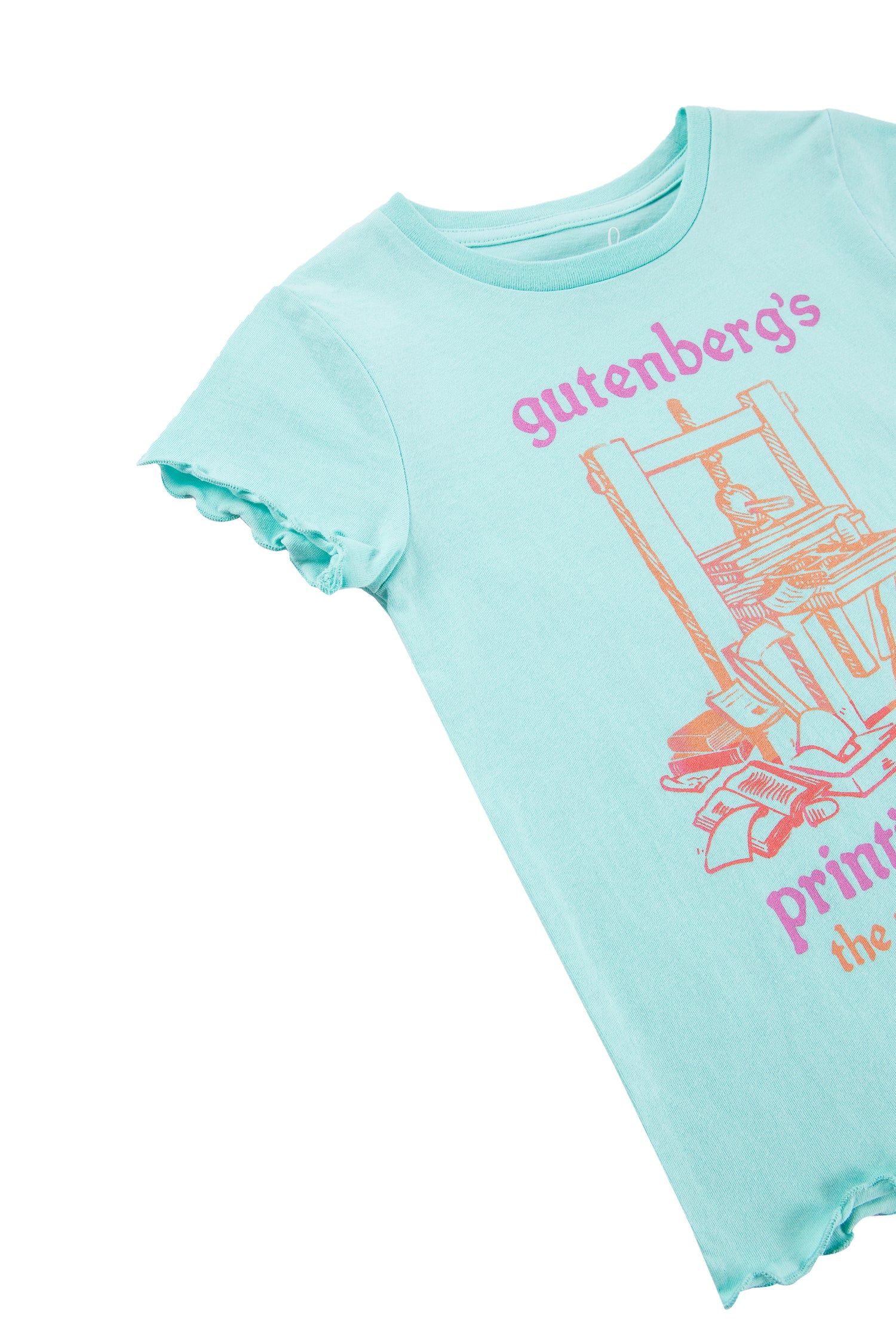 Close up side view of aqua blue tee shirt with ruffled short sleeves, graphic of printing press, and text on front