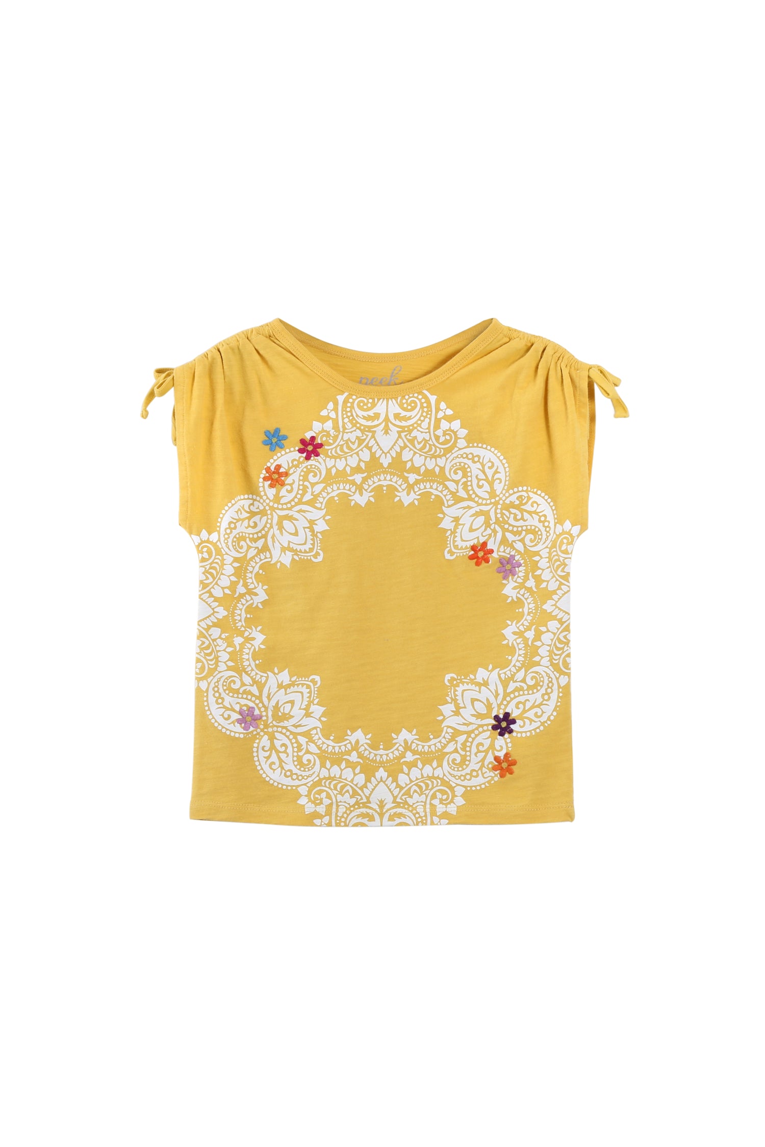 YELLOW RUCHED SLEEVE TOP WITH FLORAL EMBROIDERY