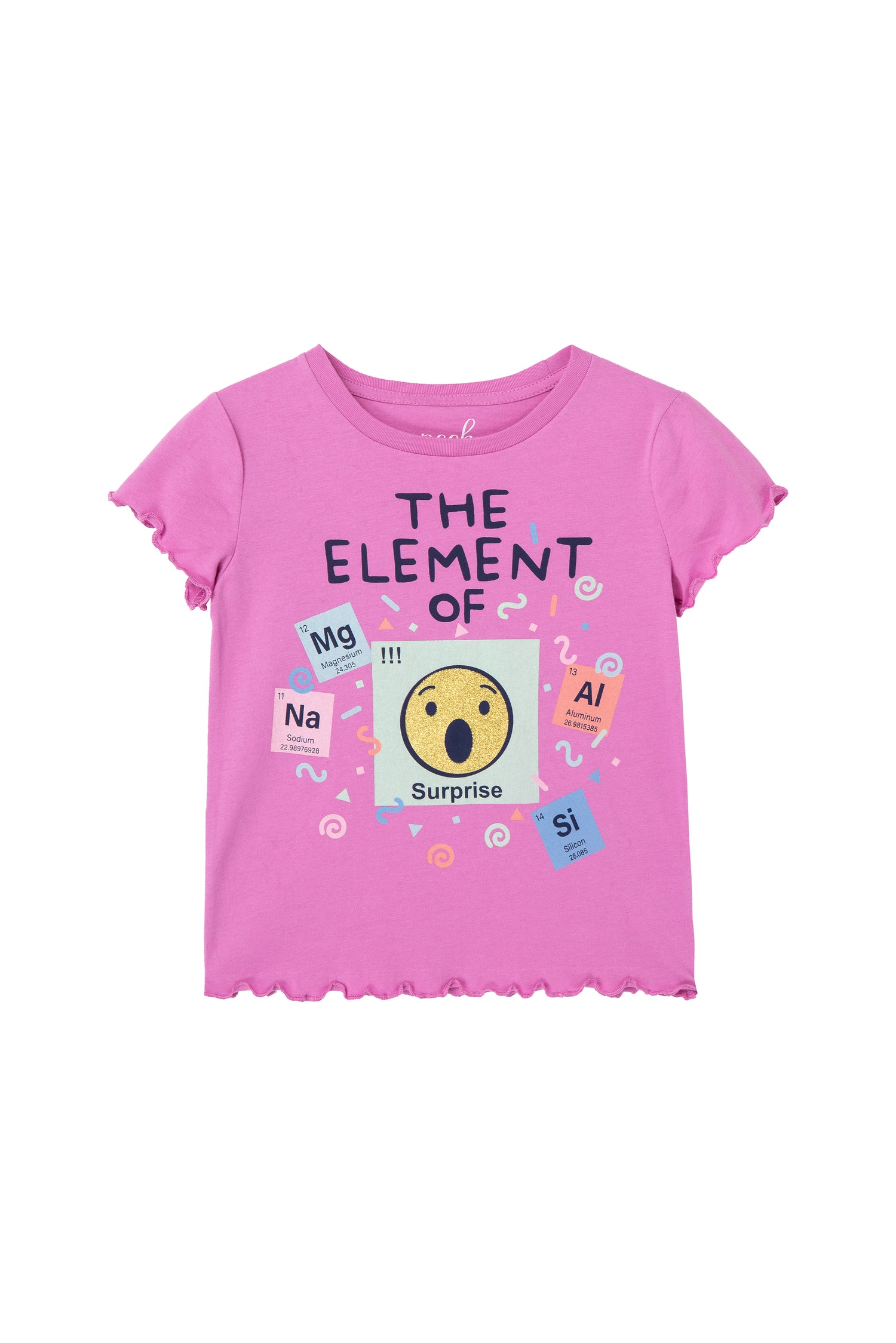 Pink tee shirt with ruffled short sleeves, "element of surprise" text on front