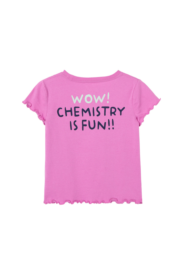 Pink tee shirt with ruffled short sleeve, "wow! chemistry is fun!!" text on front
