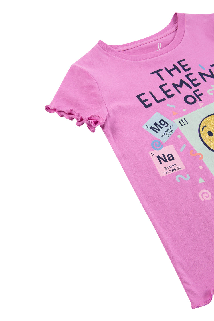 Close up side view of pink tee shirt with ruffled short sleeves, "element of surprise" text on front