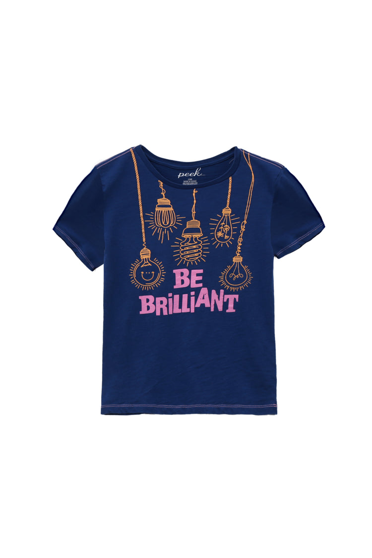 DARK BLUE T-SHIRT WITH HANGING LIGHTBULB GRAPHICS AND THE WORDS "BE BRILLIANT" ON THE FRONT