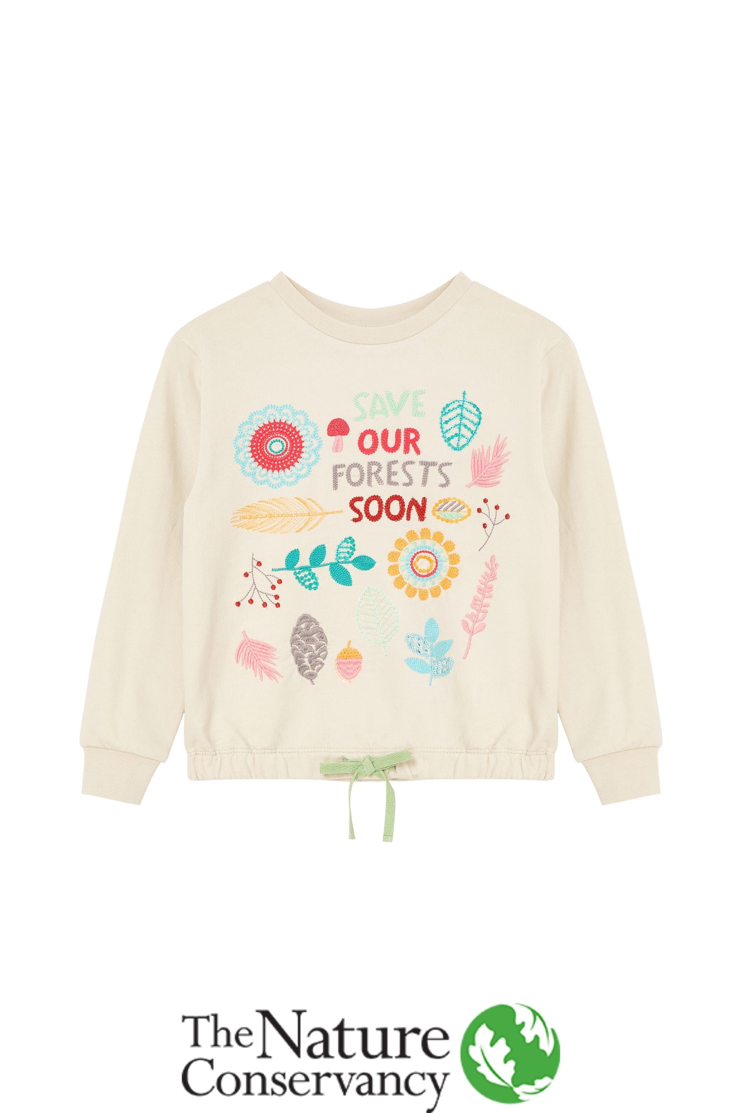 White sweatshirt with various foliage stitching and multi-colored 'save our forests soon' text