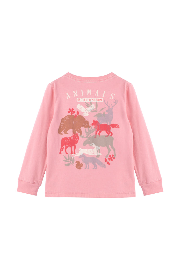 Back of pink long-sleeve t-shirt with various illustrated animals and 'animals of the forest biome' 