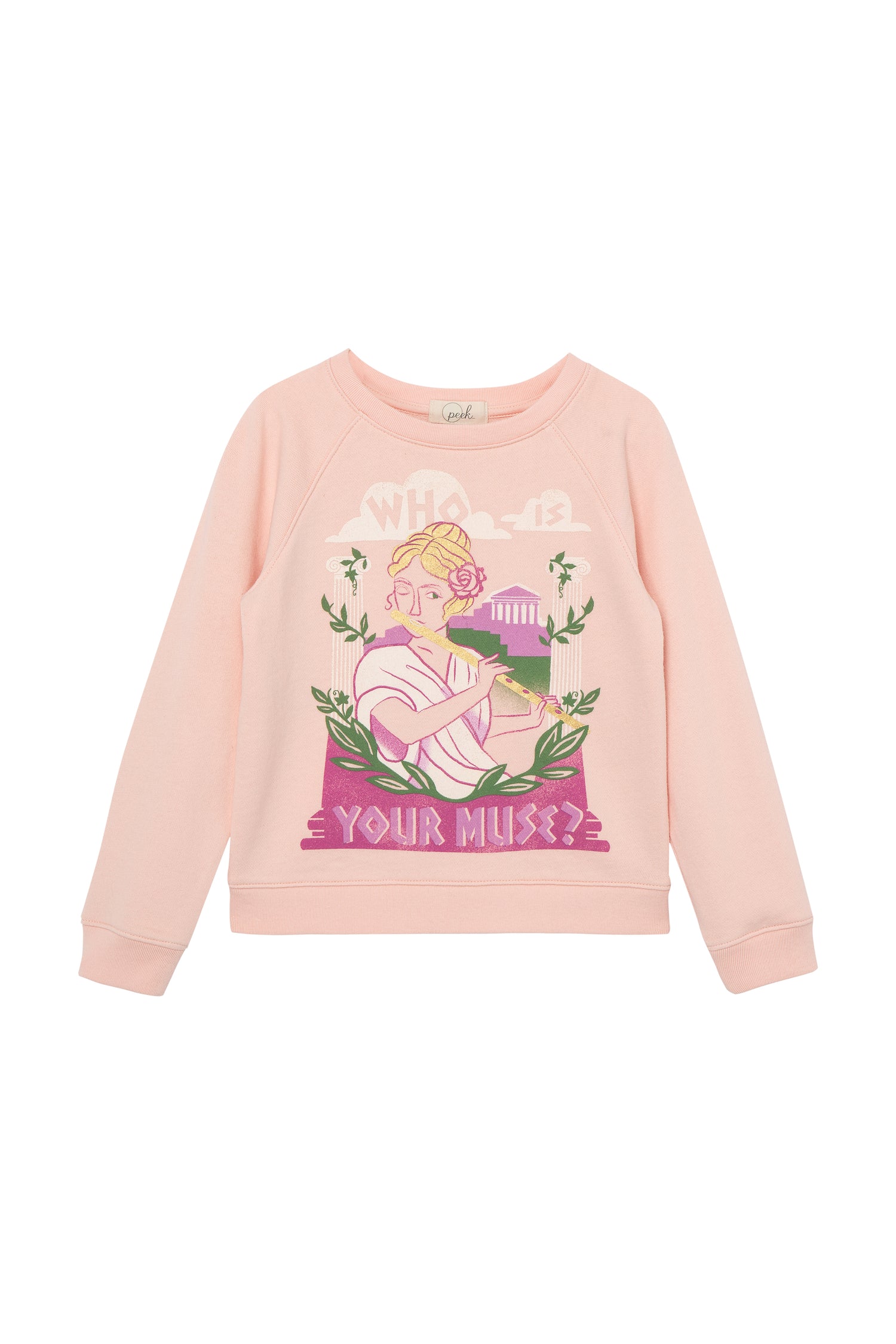 Pink sweatshirt with a print of a Greek woman playing a lute and text 'Who Is Your Muse?'