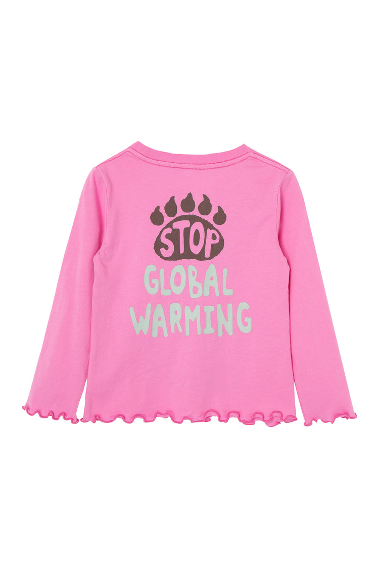 Back pink long sleeve with  "Stop global warming" written