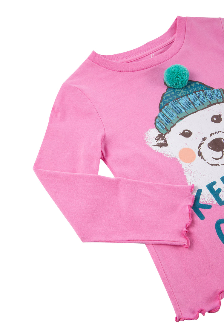 Close up pink long sleeve with a polar bear and "keep it chilly" written
