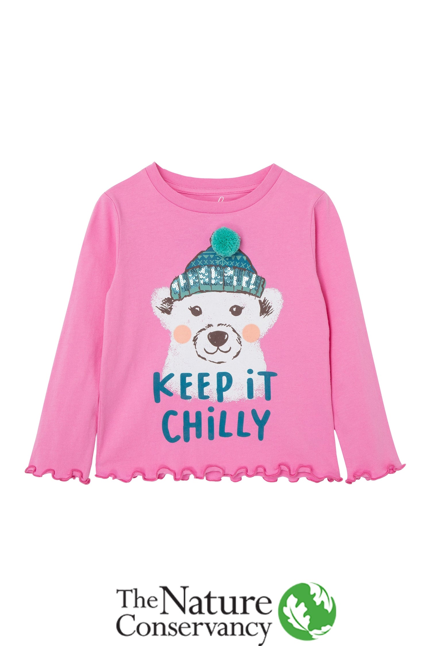 Front pink long sleeve with a polar bear and "keep it chilly" written
