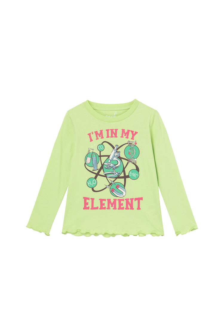Front view of green "I'm in my element" long sleeve