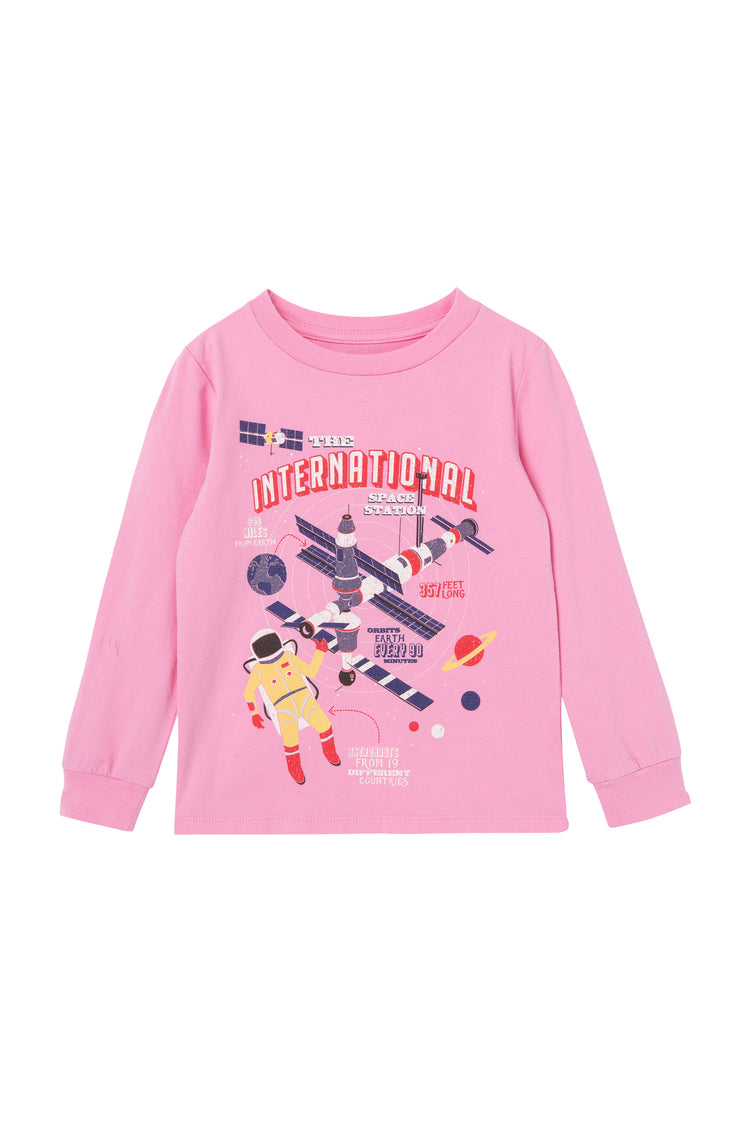 Front view of pink space themed sweatshirt 
