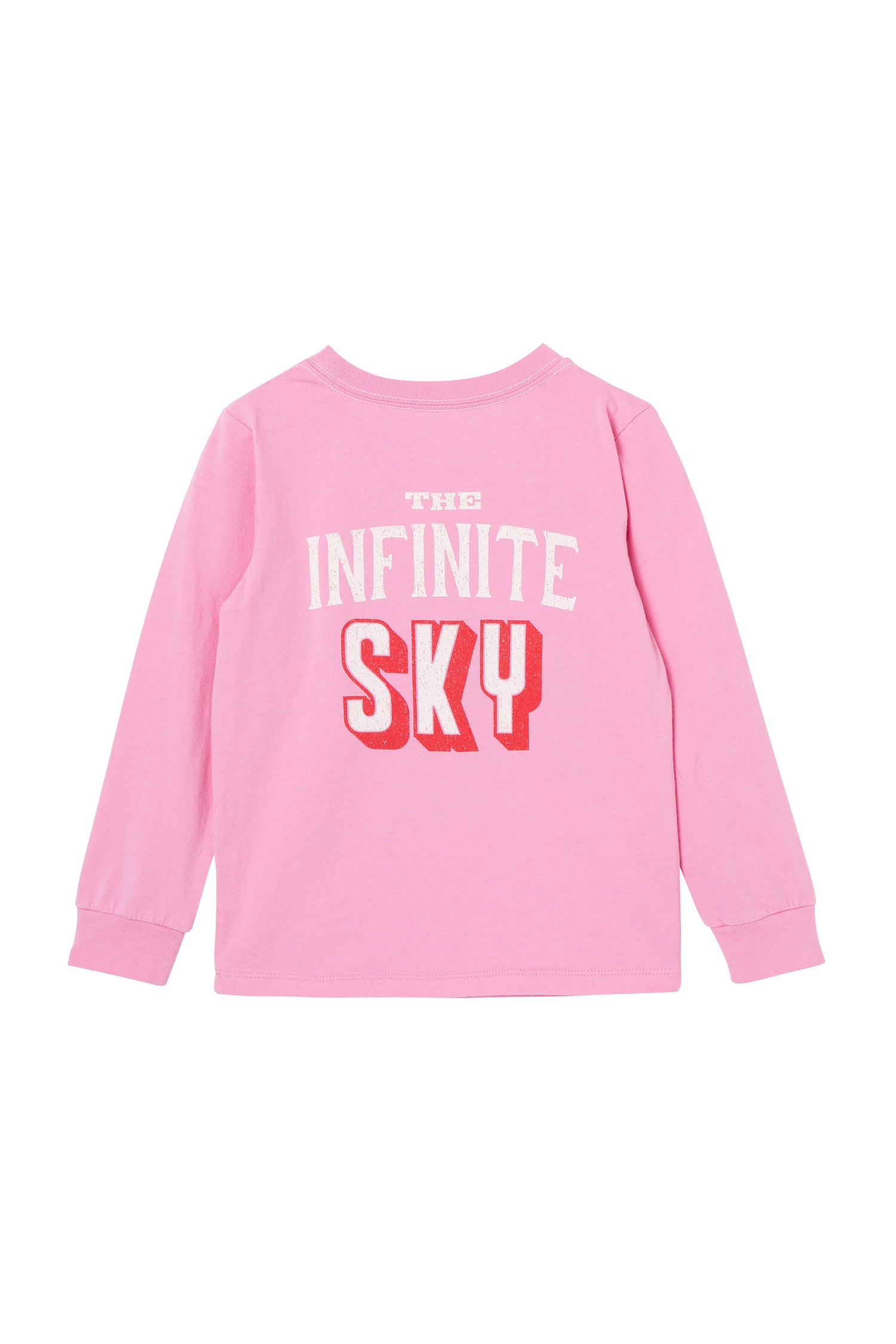 Front view of pink sweatshirt with "the infinite sky" written