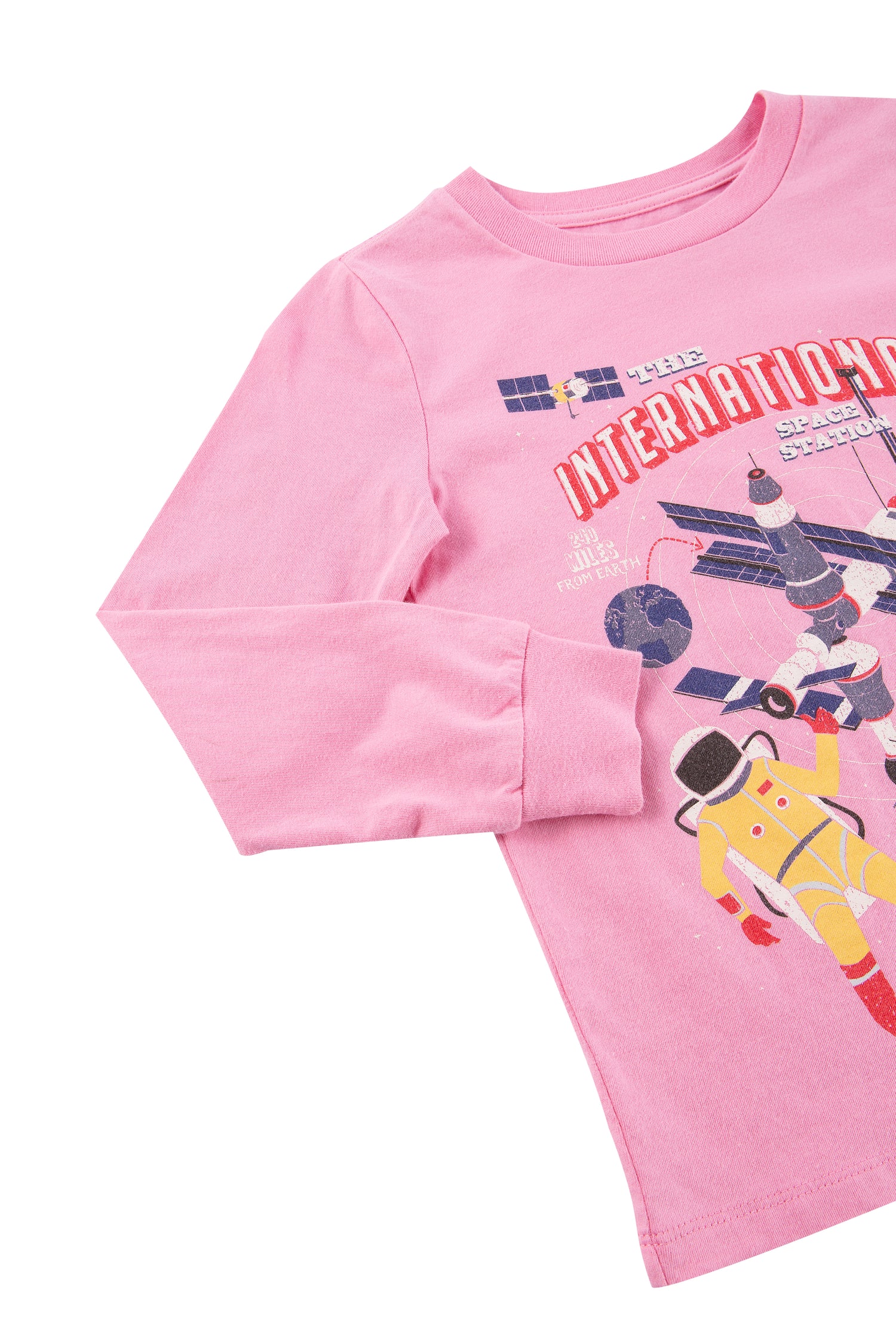 Close up view of pink space themed sweatshirt 