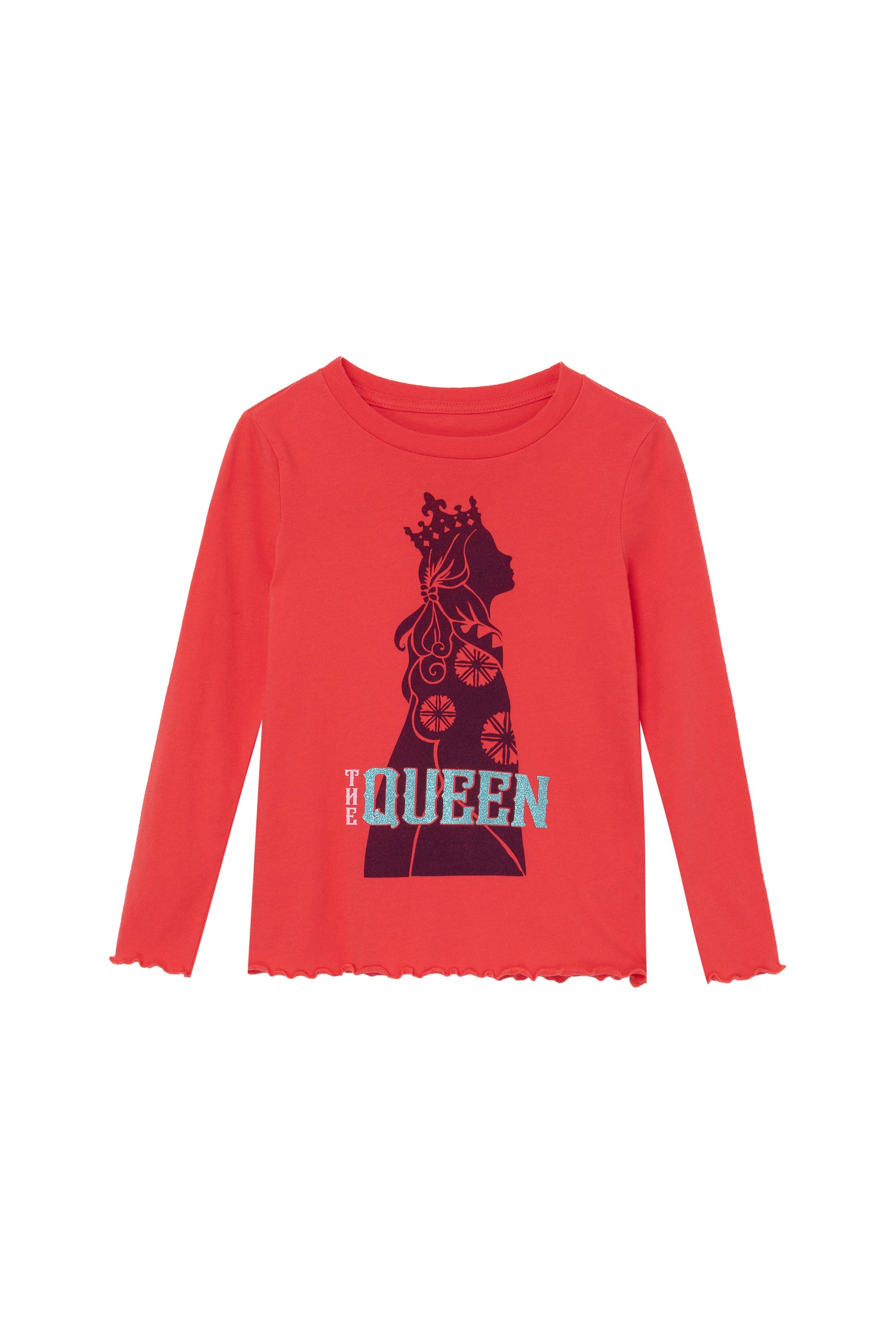 Front view of red "the queen" long sleeve
