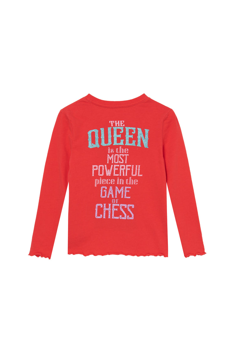 Back view of red "the queen" long sleeve