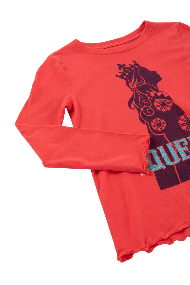 Side view of red "the queen" long sleeve