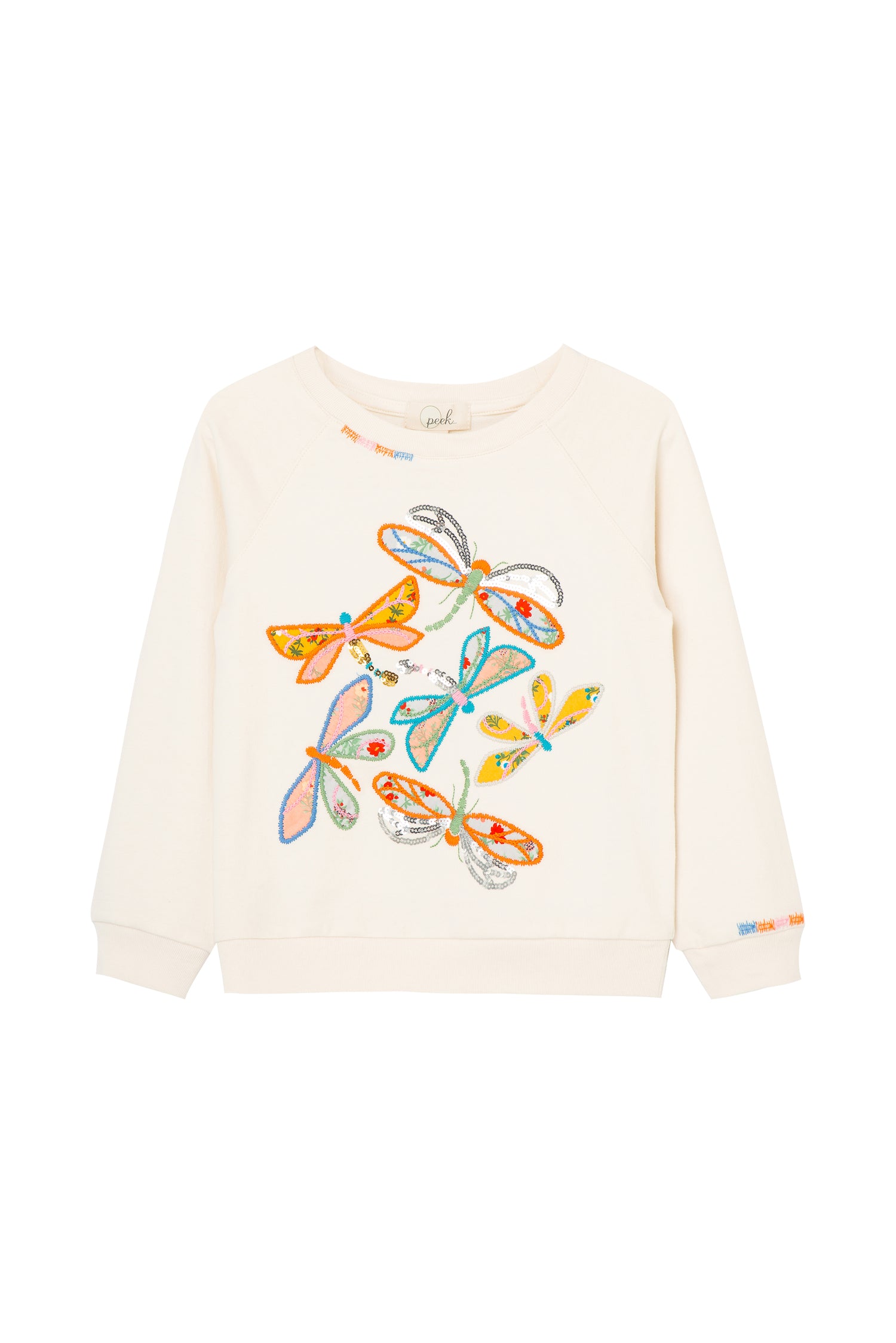 OFF-WHITE FRENCH TERRY PULLOVER SWEATSHIRT WITH APPLIQUED DRAGONFLIES