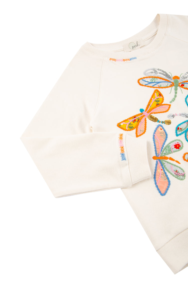 CLOSE UP OF OFF-WHITE FRENCH TERRY PULLOVER SWEATSHIRT WITH APPLIQUED DRAGONFLIES