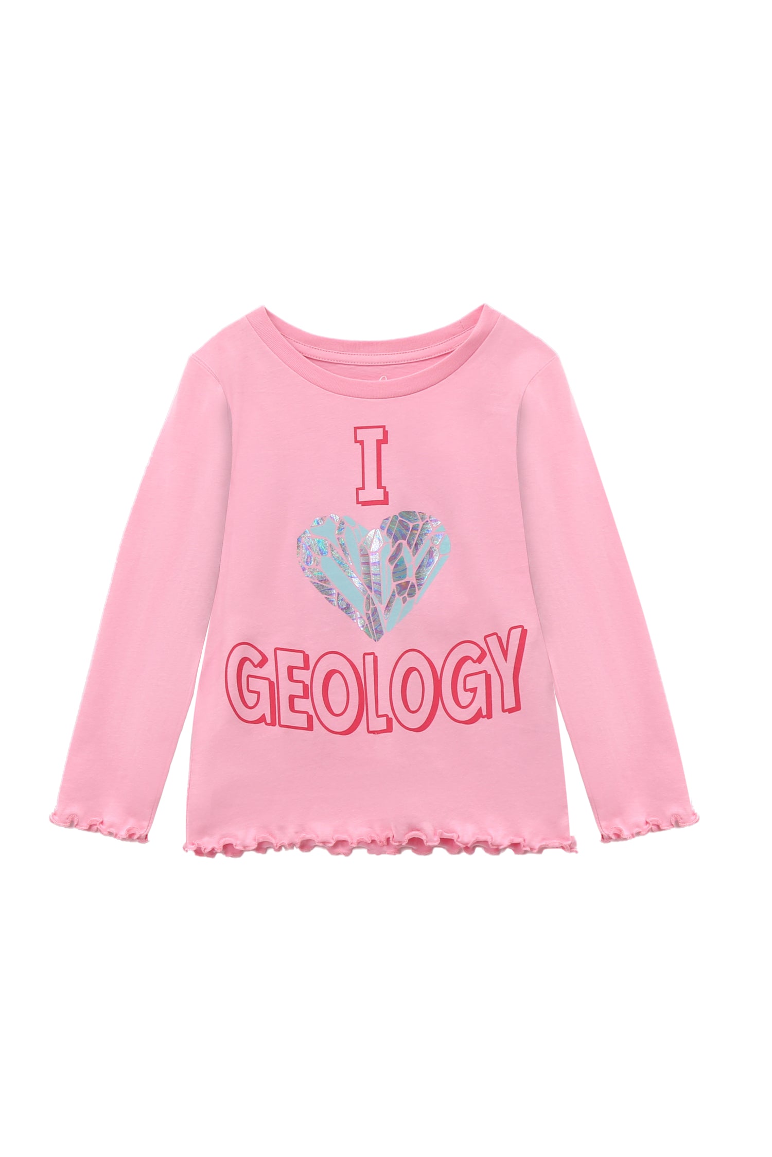 PINK LONG SLEEVE T-SHIRT WITH I HEART GEOLOGY IRIDESCENT GRAPHICS