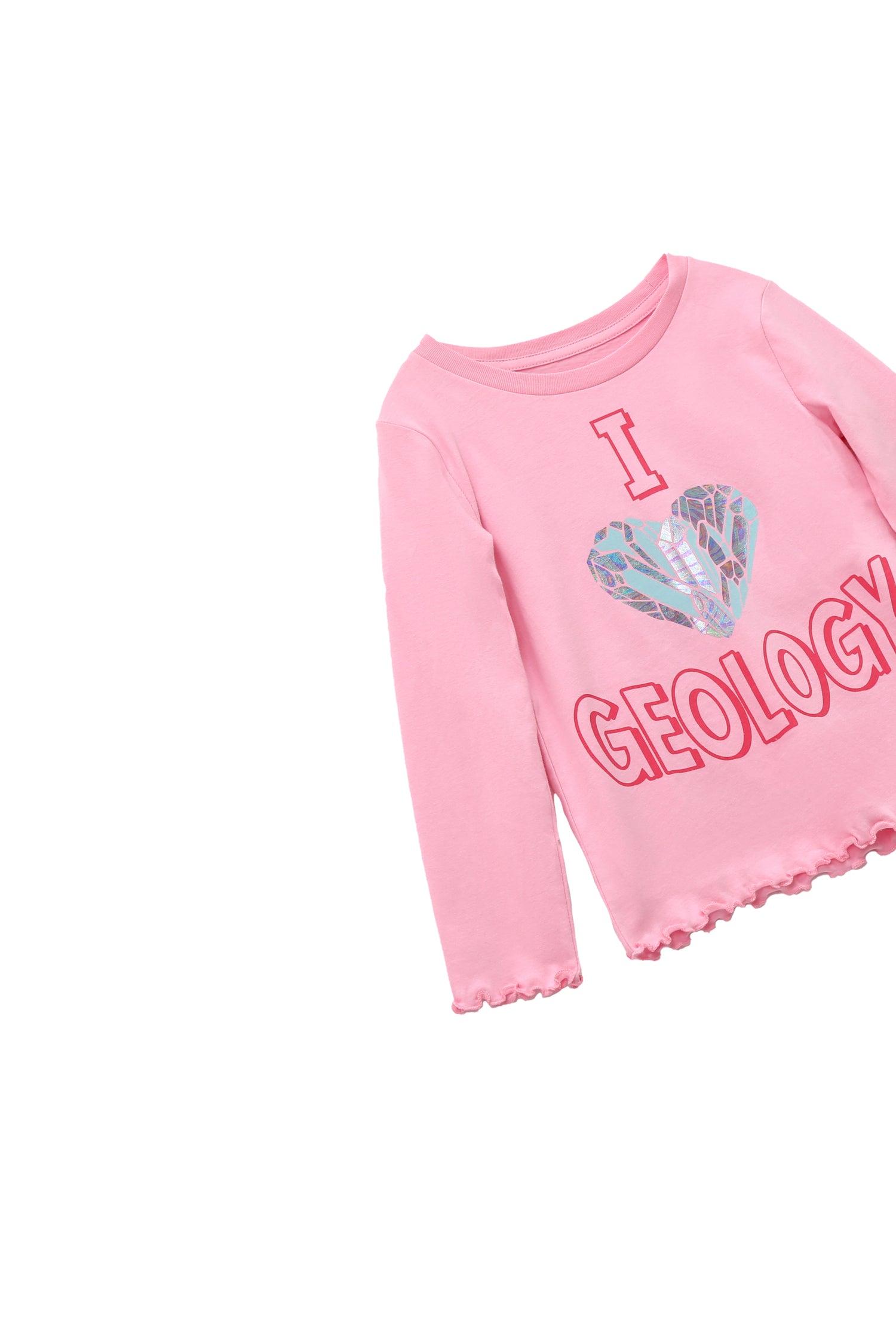 CLOSE UP OF PINK LONG SLEEVE T-SHIRT WITH I HEART GEOLOGY IRIDESCENT GRAPHICS