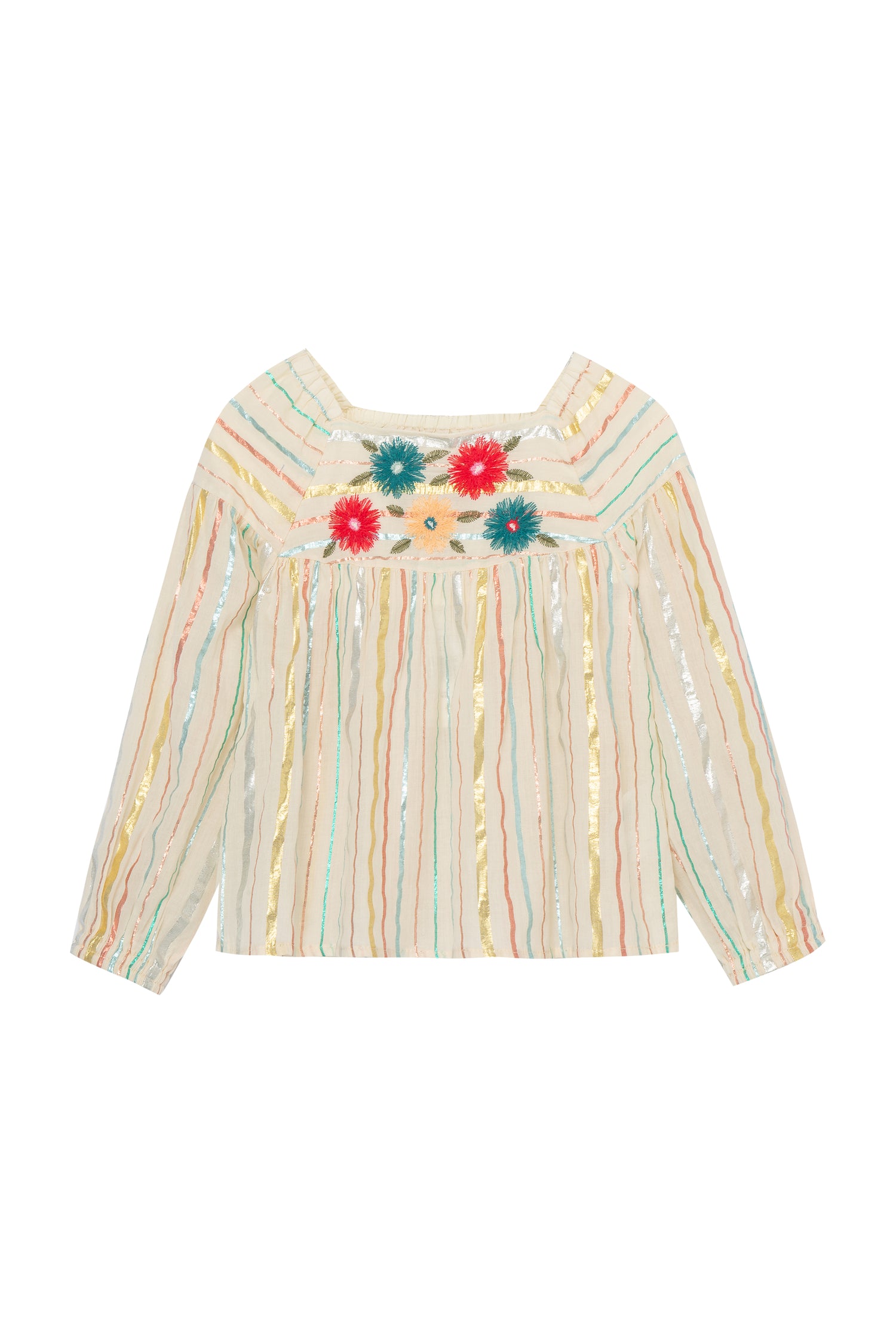 METALLIC STRIPED LONG SLEEVE TOP WITH EMBROIDERED FLORALS