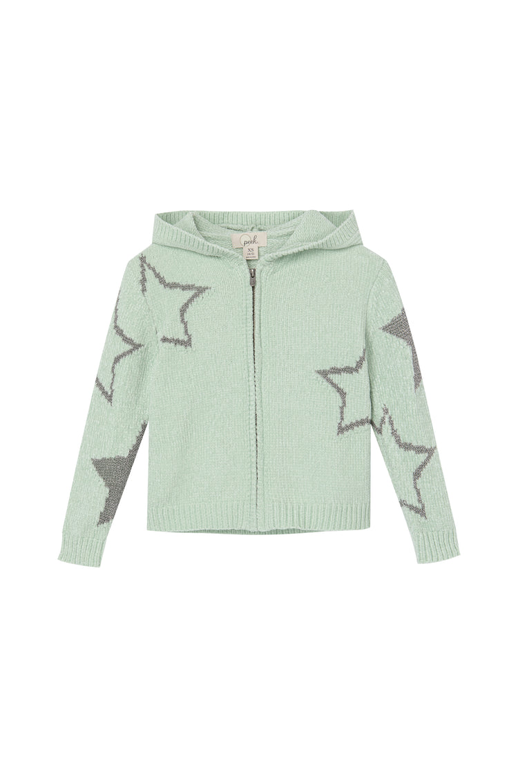 Front view of sage green zip up hoodie with stars 