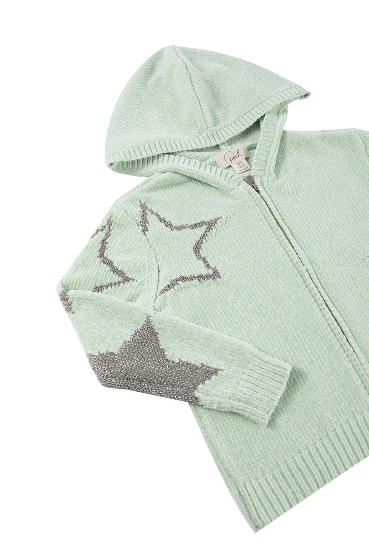 Close up view of sage green zip up hoodie with stars 