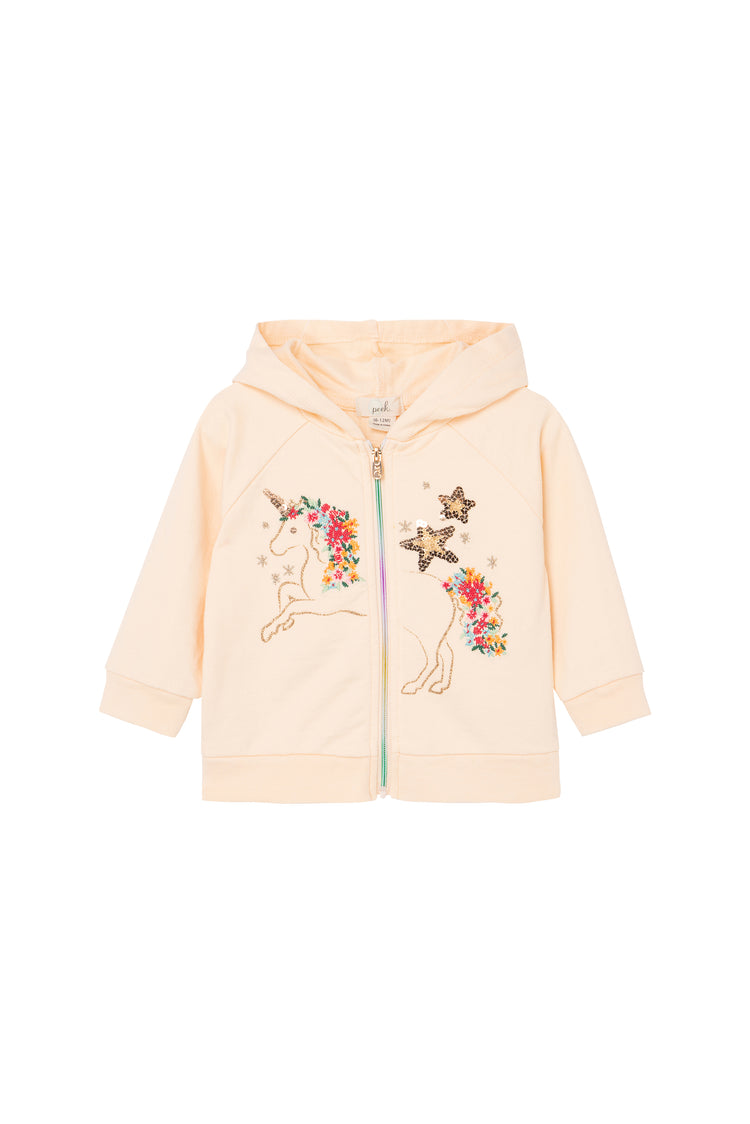 Pink hoodie with sparkly embroidered unicorn illustration