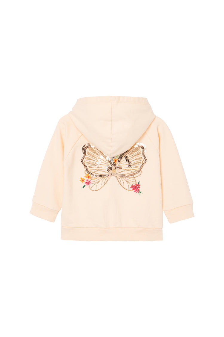 Back of pink hoodie with embroidered butterfly wings