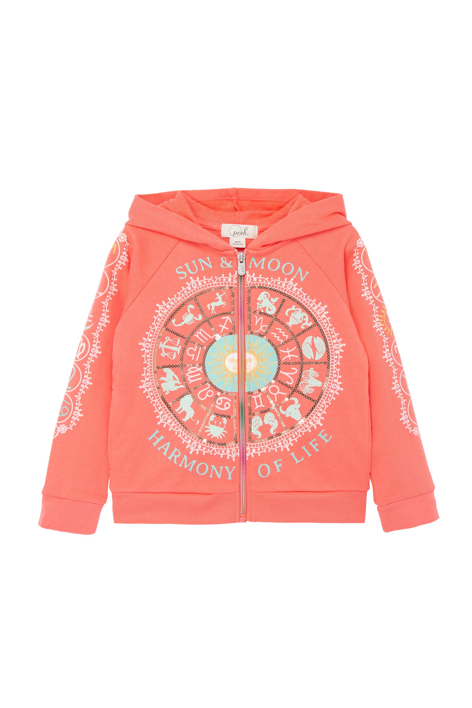 Coral hoodie with front zipper, astrology circle on front with text "sun & moon," "harmony of life," and zodiacs on sleeves