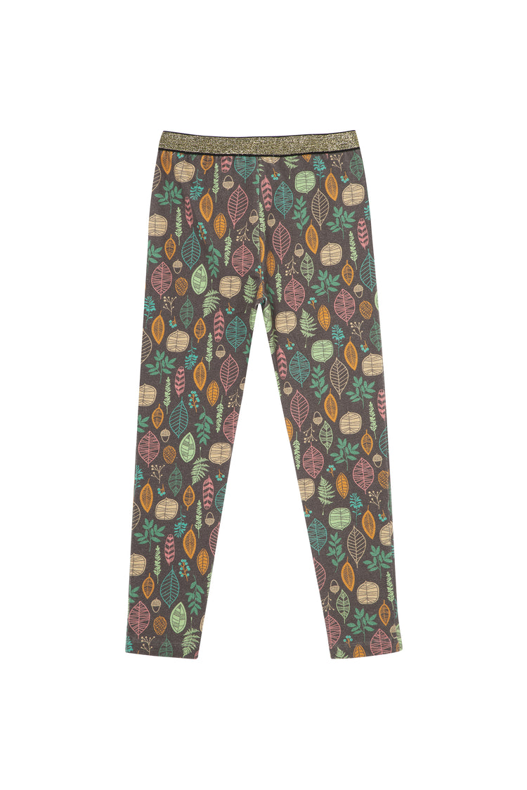 Back of brown leggings with illustrated multi-colored foliage