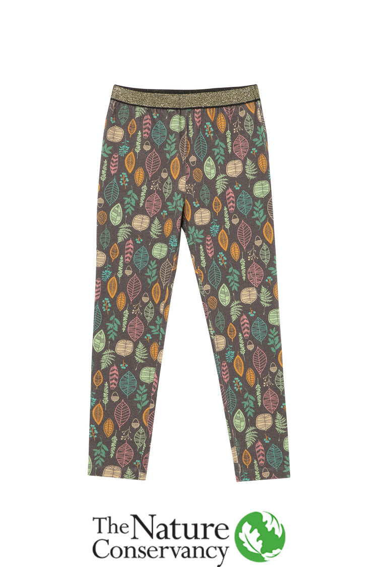 Brown leggings with illustrated multi-colored foliage