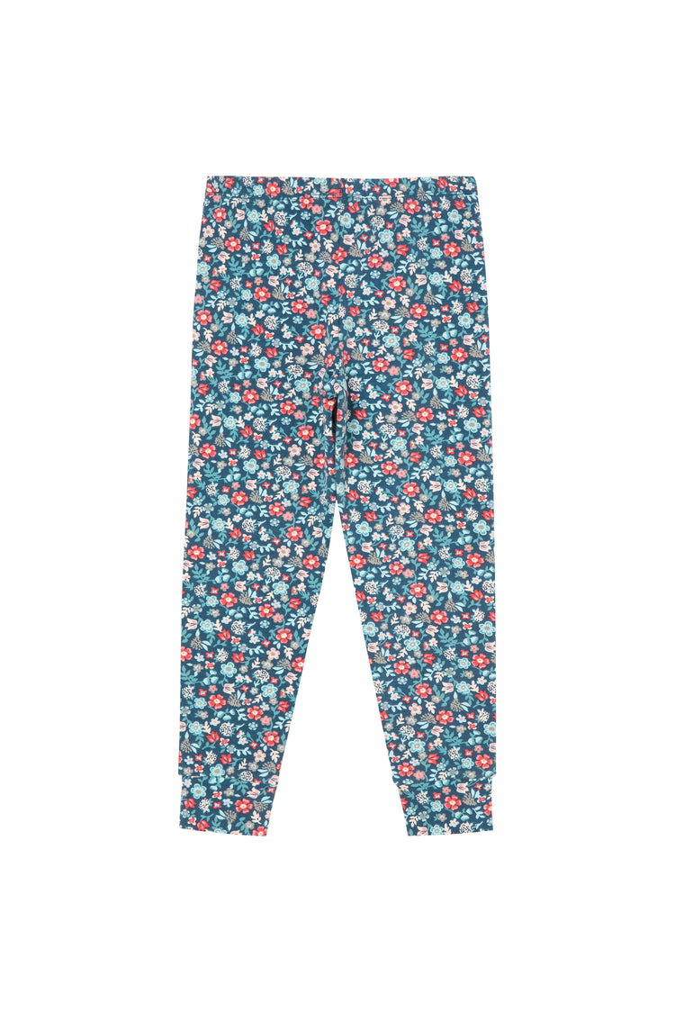 Back of blue, white, pink and red floral print legging with tassels