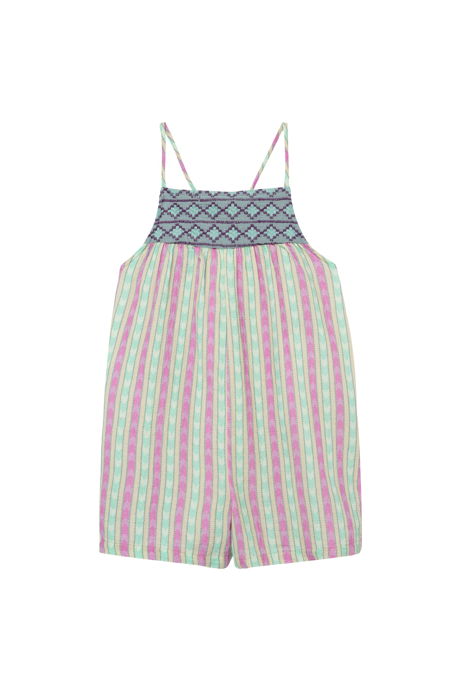 GREEN AND PINK STRIPED GAUZE ROMPER