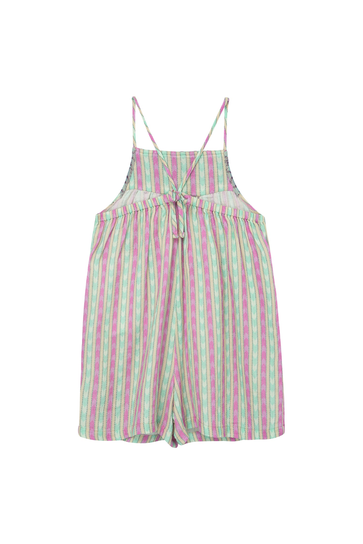 BACK OF GREEN AND PINK STRIPED GAUZE ROMPER