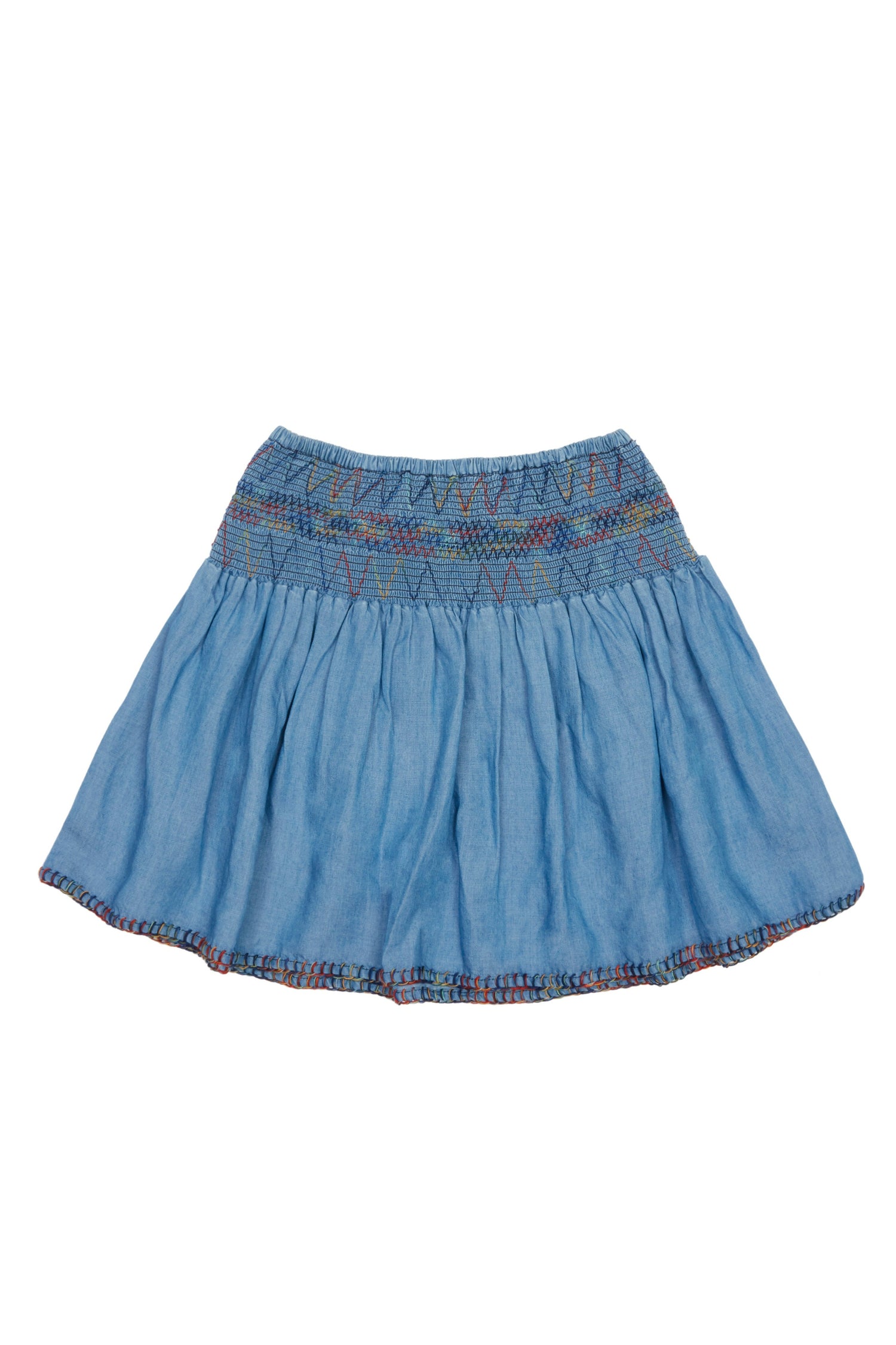 Chambray blue pixie skirt with colorful thread design on wide elastic waist and on hem.