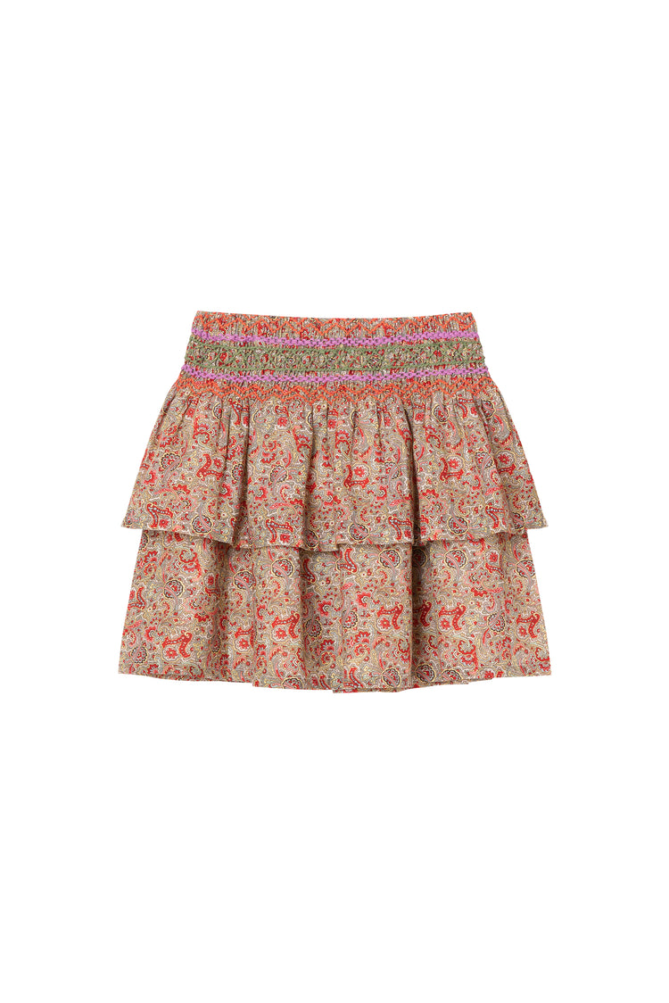 Front view of ruffled multi-colored skirt with red, pink and white 