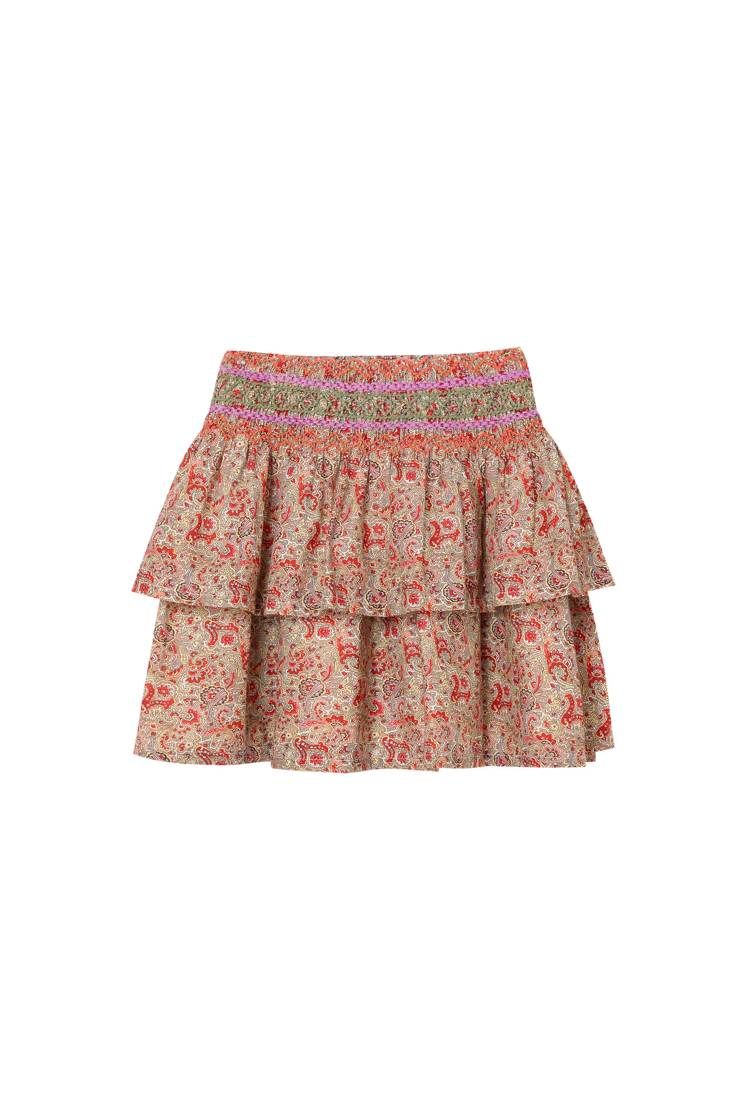 Back view of ruffled multi-colored skirt with red, pink and white 