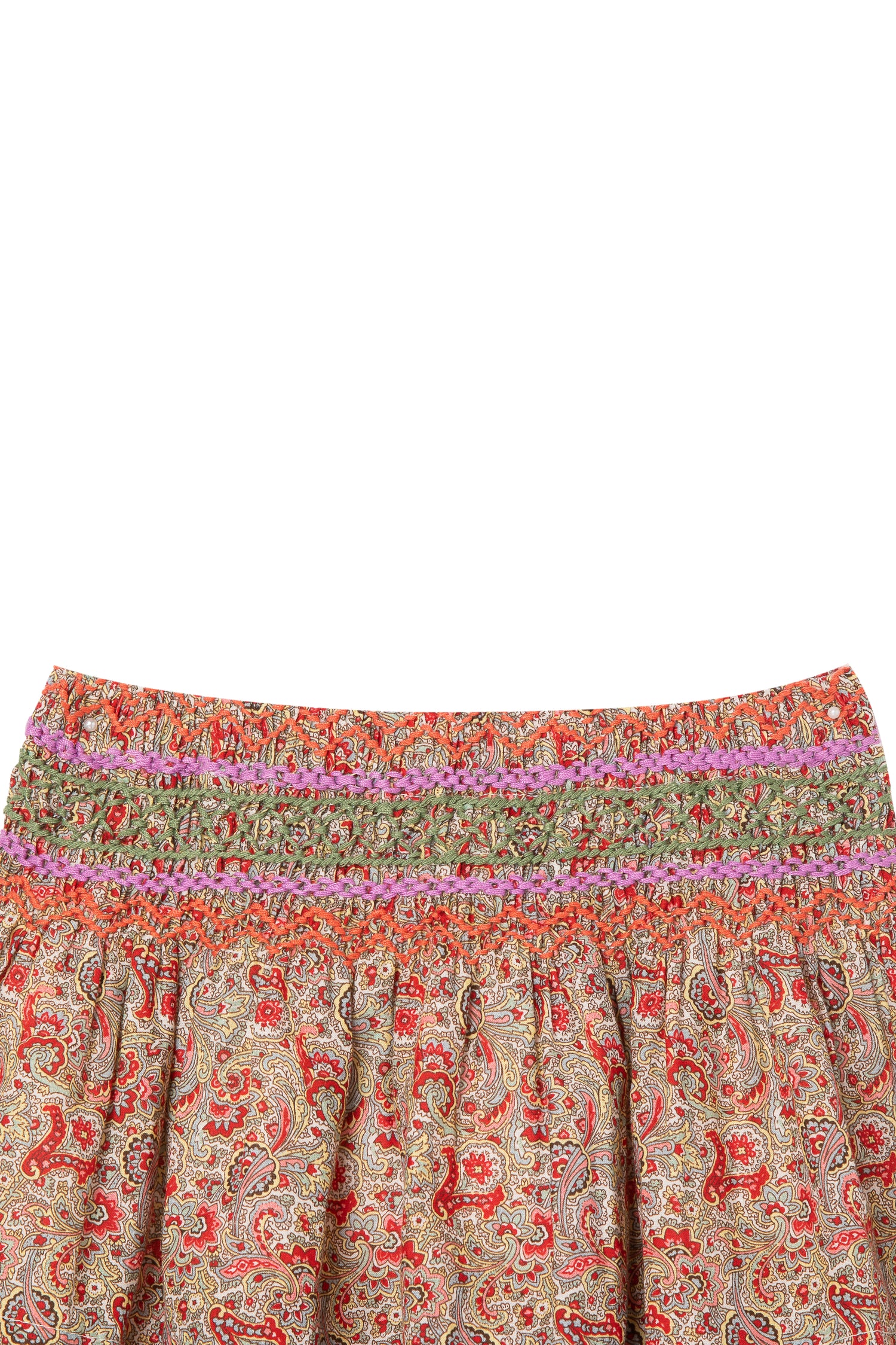 Front view of ruffled multi-colored skirt with red, pink and white 