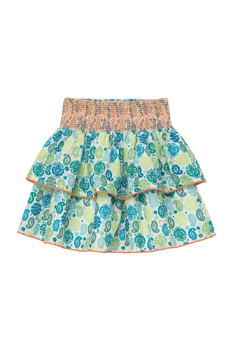 Front view of blue and green multi-ruffle skirt